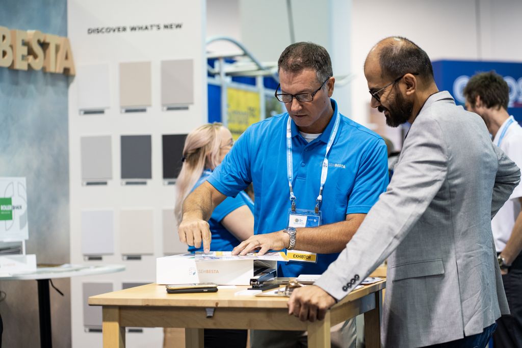 Sun shading products and fabrics on display at the Sun Shading Expo show floor